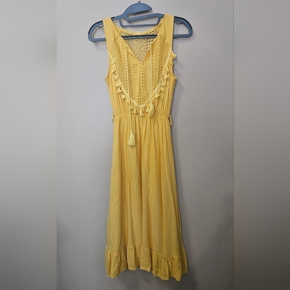 Cupshe Crochet Detail Midi Dress Women's Size S Yellow Boho Ruffled Hem